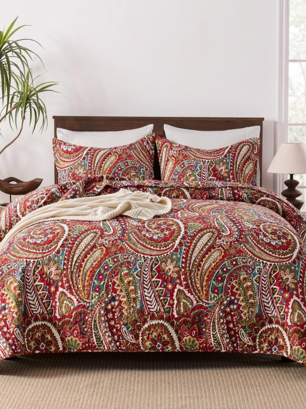 Cotton Quilts King Size Boho Paisley Quilted Bedspread Set 3 Piece